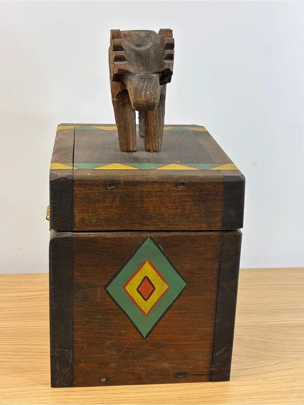 1993 Lloyd-Mann Wooden Moose Top Trinket Box with Painted Geometric Trim